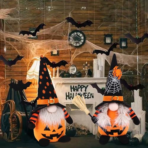 Halloween Gnome Decorations - 2 Plush Scandinavian Elf Ornaments, Handcrafted Pumpkin Bat Design, Variation of THIS listing