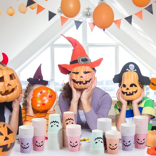 Pastel Halloween Paper Cups - Pumpkin Face Design, 100 Pack, 9oz, Girly Theme