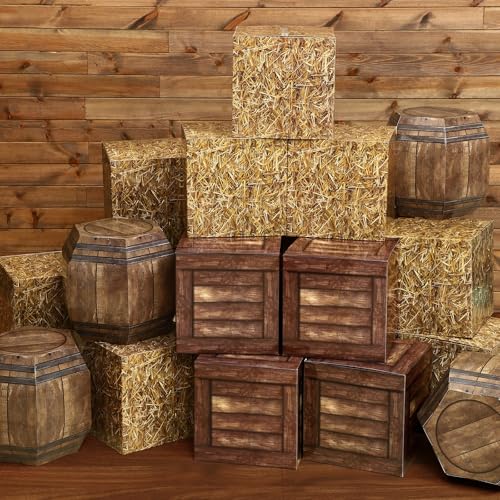 16 Pcs Western Hay Bale & Wine Barrel Party Decoration Boxes - Rustic Theme