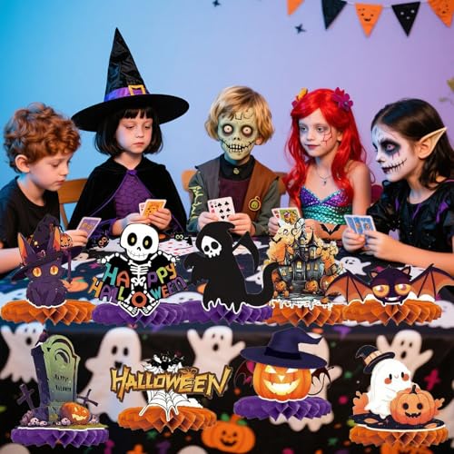 Halloween Honeycomb Centerpieces Set of 9 for Tables - Ghost, Pumpkin, Skull, Cat - Reusable Party Decor