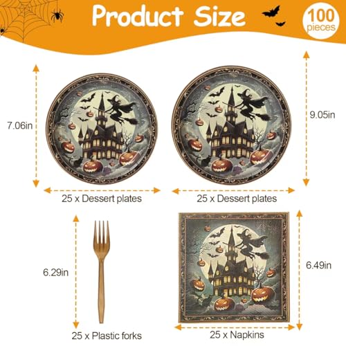 Gold Halloween Party Supplies Set for 25 Guests - Disposable Plates Forks Napkins