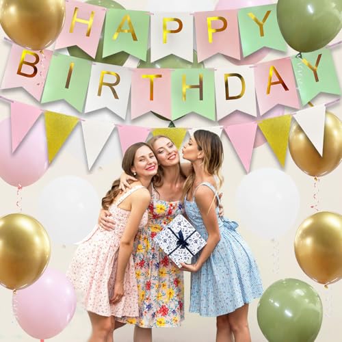 Happy Birthday Banner and Balloon Set - White Pink Green, 16 Balloons & Ribbons
