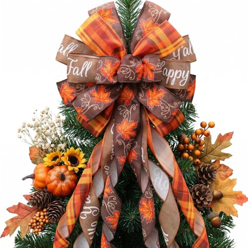 Large Fall Tree Topper Bow 52x13 Inches Pre-Tied Thanksgiving Ribbon for Wreath
