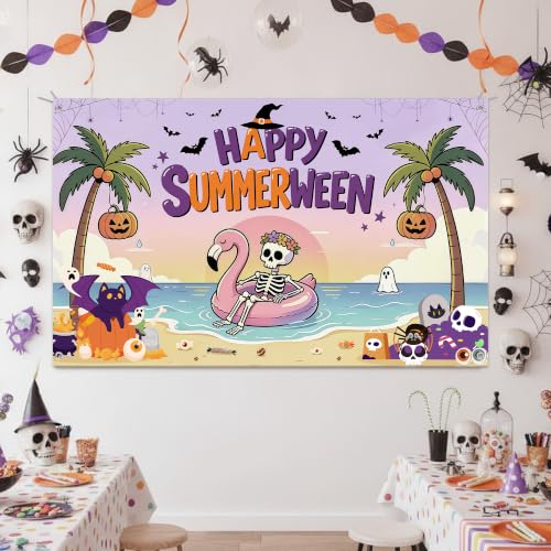 Summerween Party Backdrop Banner - 70.8 x 43 Inch Halloween Beach Scene