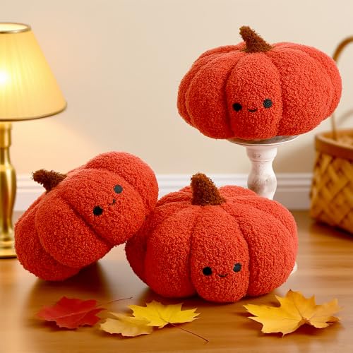 Orange Fall Pumpkin Throw Pillows Set - Plush 3 Pcs Teddy Fleece Decor