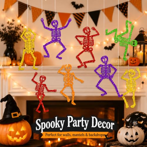 Halloween Skeleton Decorations - 8-Pack Glitter Hanging Skeletons with String - Skeleton Variation