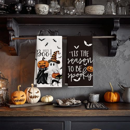 18x26 Inch Microfiber Kitchen Towels Set of 2 - Ghost Pumpkins Black Halloween Drying Cloths