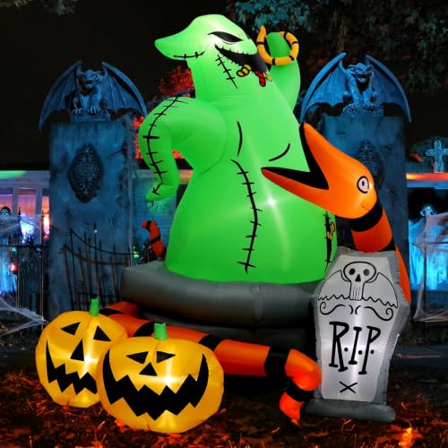 6Ft Halloween Inflatable Outdoor Decoration with Green Monster, Pumpkins, Tombstone & LED Lights