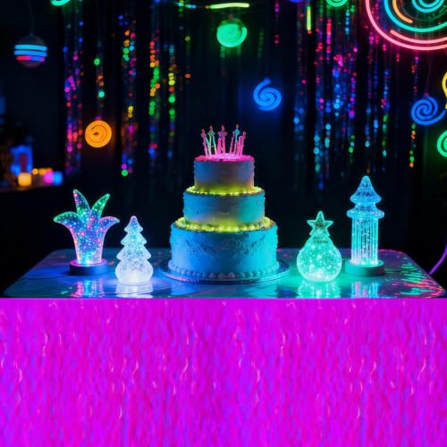 Fuchsia Glow in The Dark Party Table Skirts 2 Pack - Neon Wavy Metallic Tinsel Decorations