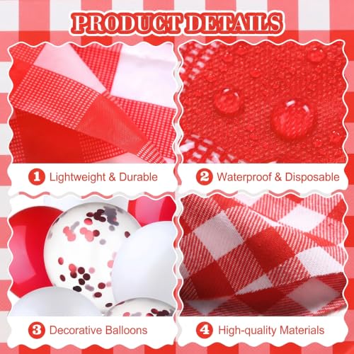Gingham Party Supplies Set with Tablecloths Balloons & Flags - Red & White
