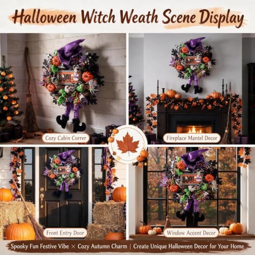 Halloween Wreath for Front Door - 20 Inch Whimsical Mesh Decor with Witch Accents