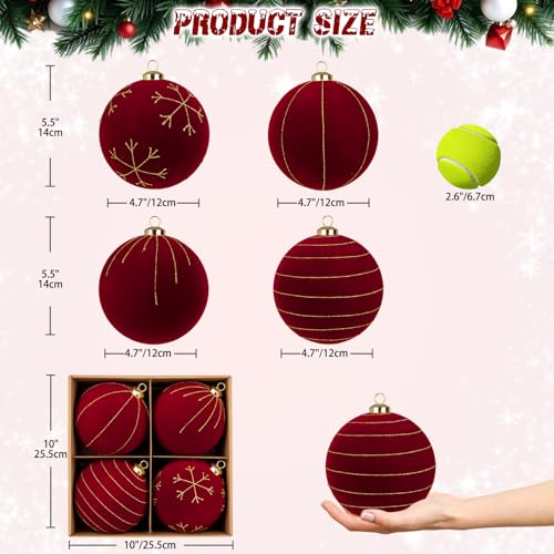 4.72-Inch Red Velvet Christmas Ornaments Set - Glitter Flocked Shatterproof Holiday Decorations, 4 Pieces - Variation of THIS listing