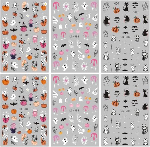 Halloween Nail Stickers Set - Pumpkin Ghost Bat Skull 3D Self-Adhesive Nail Art Decals - Style C