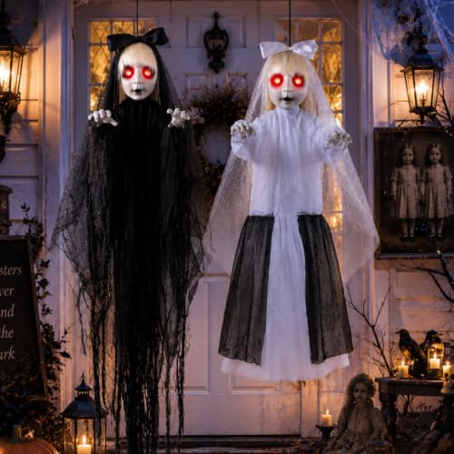 Halloween Hanging Twin Sisters Decorations with LED Eyes & Sound - Black White Twin Haunted Bride