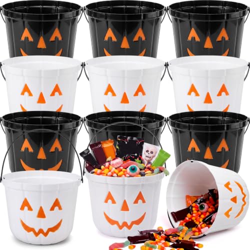 Halloween Pumpkin Candy Buckets 12 Pack - Black & White Plastic Trick or Treat Pails