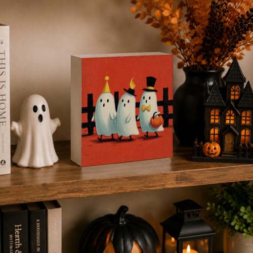 Halloween Ghost Wooden Sign Decor - Style 2, Cute Rustic Halloween Wood Sign