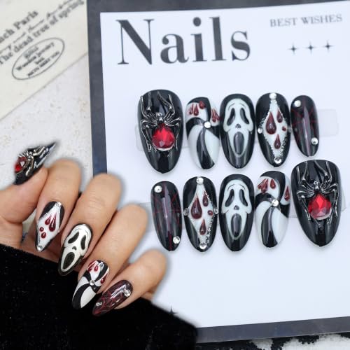 Halloween Press On Nails Gothic Black Red Spider Charms Ghost Almond Nails - Variation 10
