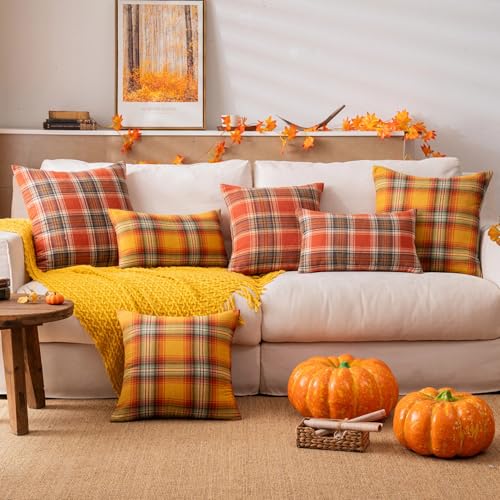 Fall Plaid Yellow Throw Pillow Covers Set of 2 - 12x20 Inch Autumn Decor