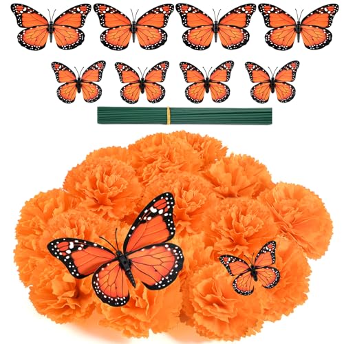 Artificial Marigold Flower Heads & Monarch Butterfly Set for Festival Decorations - 50 Pieces