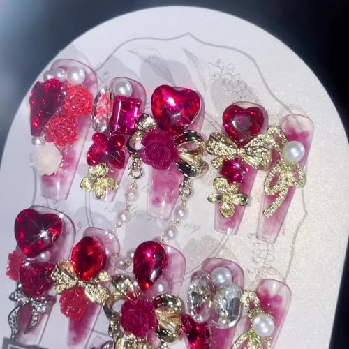 Press On Nails Long Coffin Fake Nails with Rhinestones - Pink Reusable False Nails FN078010