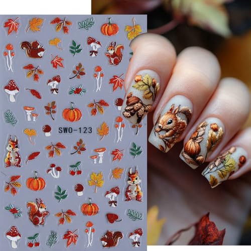 Fall Style 5 3D Nail Stickers for Autumn Nail Art Pumpkin Maple Leaf Tree Decals