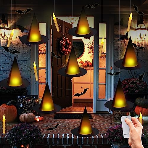 Lighted Floating Witch Hats Halloween Decor Set - 12 Pieces with Candles & Bats