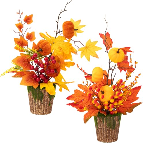 Artificial Pumpkin and Maple Leaf Fall Centerpieces Set - Orange and Red, 2 Pieces