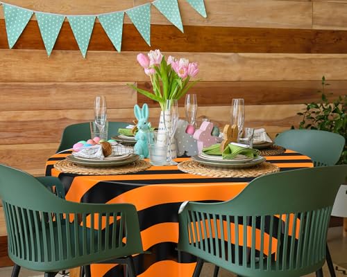 Black and Orange Striped Carnival Tablecloth - 6 Pcs, 84-Inch Round Disposable Linens - Party Decor