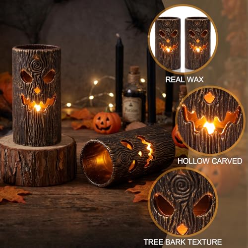 Halloween Flameless Candles 2PCS Ghost Tree Carved Pillar with Hollow Tree Variation