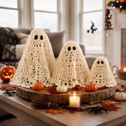 Halloween Ghost Decor Set - Crochet Lace Primitive Figurines with Wooden Bases, Spooky Cute Home Decoration