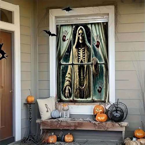 Halloween Reaper Skeleton Window Cover - 31x47 Inch Door & Window Decor