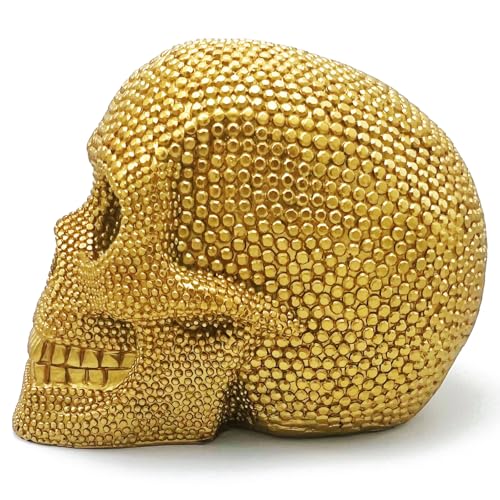 Gold Skull Statue Decor Halloween Gothic Resin Figurine - Large 8.7 Inch