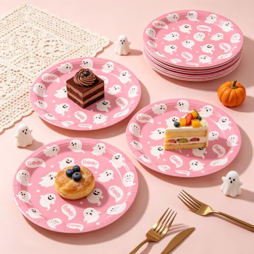 Pink Ghost Halloween Paper Plates 9 Inch Disposable Party Tableware - 40 Pack