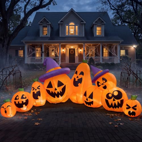12.5 Ft Halloween Inflatable Pumpkin Yard Decoration with LED Lights and Witch Hats