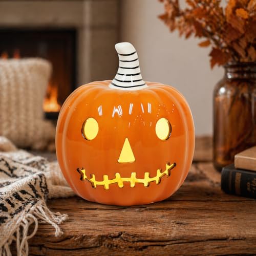 Halloween Ceramic Pumpkin Decor with LED Light - Orange, 5.5 Inch Tabletop Jack O Lantern