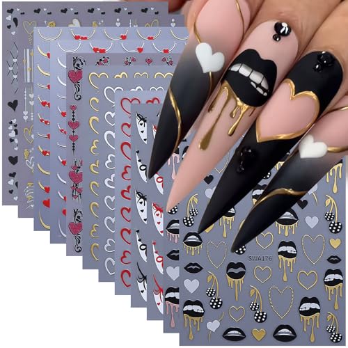 Valentine's Nail Art Stickers Decals - Lips Hearts French 3D Self-Adhesive - Valentine Style-02