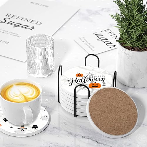 Halloween Round Absorbent Coasters Set of 6 with Holder - White Marble Pumpkin Pattern