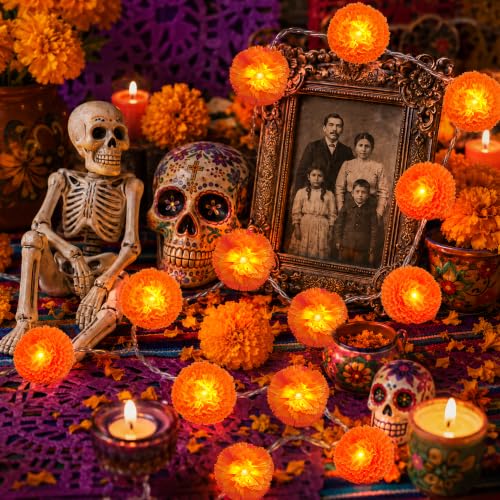20Ft Orange Marigold Garland String Lights for Day of the Dead Decorations - 30 LEDs