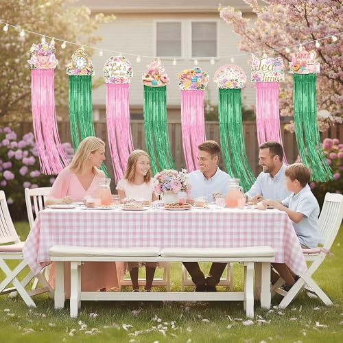 Tea Party Pink Green Hanging Decorations Set - 8 Pieces for Celebrations