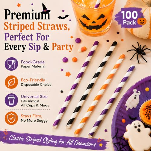 Paper Drinking Straws Set - Orange, Black, Purple for Halloween & Parties - 100 Pack