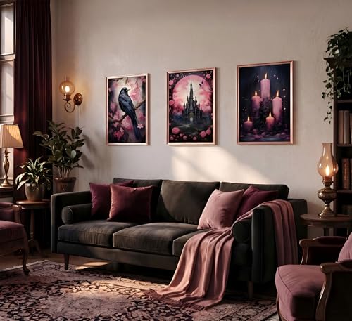 Pink Raven Castle Halloween Wall Art - 16"L x 12"W Unframed - Dark Romantic Canvas Decor