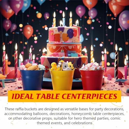 Hero Themed Party Table Decorations Mini Buckets with Raffia Set