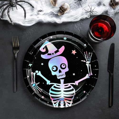 Skeleton Halloween Party Plates - Iridescent Silver 9 Inch Disposable Dinnerware Set with Color-Changing Holographic Effect
