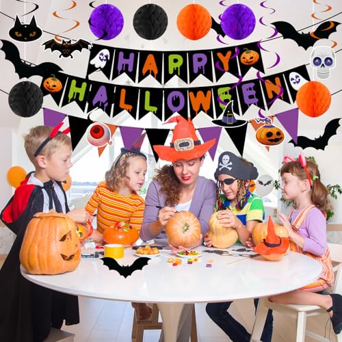 Halloween Decoration Set - Purple, Black & Orange Bundle with Bats & Honeycomb Balls