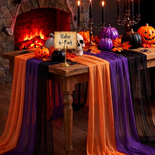 Halloween Table Runner Set - 6 Piece 10ft Chiffon Decorations in Black, Purple, Orange
