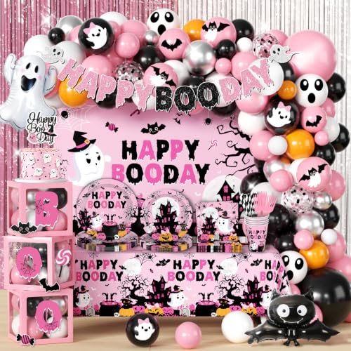 Pink Halloween Birthday Decorations Set for 24 Guests - Complete Party Kit