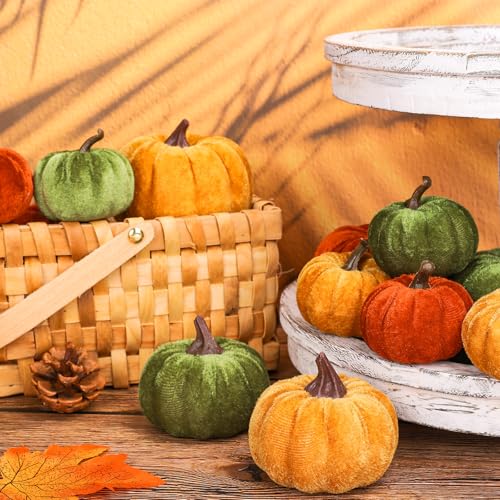 Artificial Velvet Pumpkins Fall Decor Set - Orange Green Yellow 3 Sizes, 12 Pcs