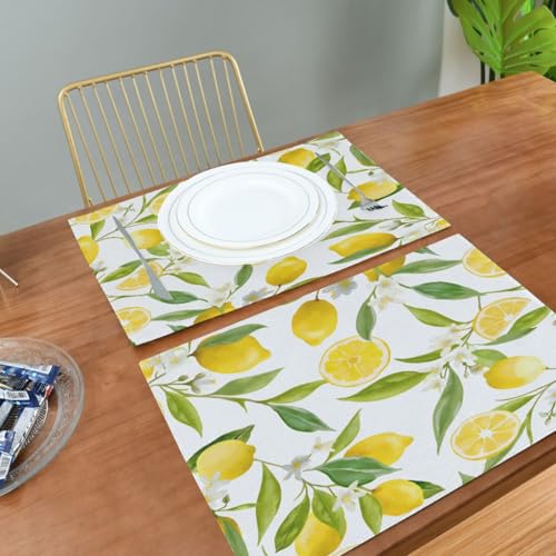 Set of 6 Washable Non-Slip Lemon Flowers Placemats - Heat Resistant Burlap Table Mats for Dining & Kitchen