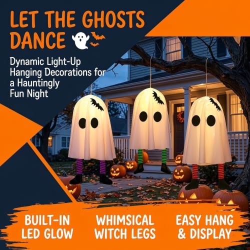 Halloween Ghost Hanging Ornaments Set of 3 - Glowing Indoor & Outdoor Decorations