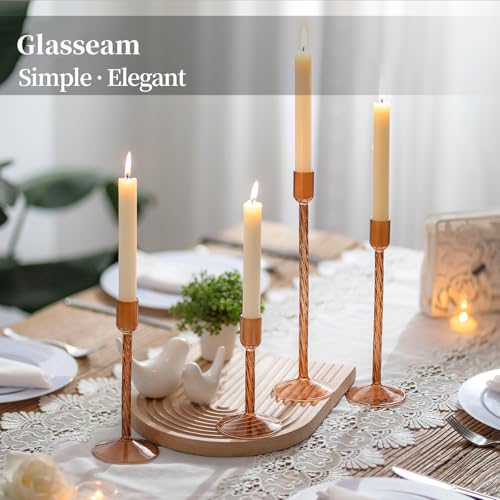 Amber Taper Candlestick Holders - 4 Pack with Brown Variation, Elegant Thanksgiving Table Decor